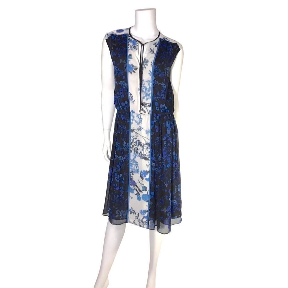 Adrianna Papel Summer Border Print Dress Blue Floral Chiffon NWT $120 S & M